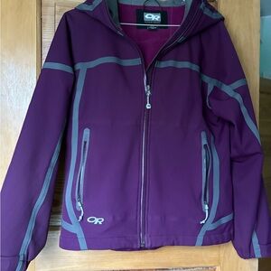 Outdoor Research Magenta soft shell with grey trim.  Hooded. Lightly lined.  EUC